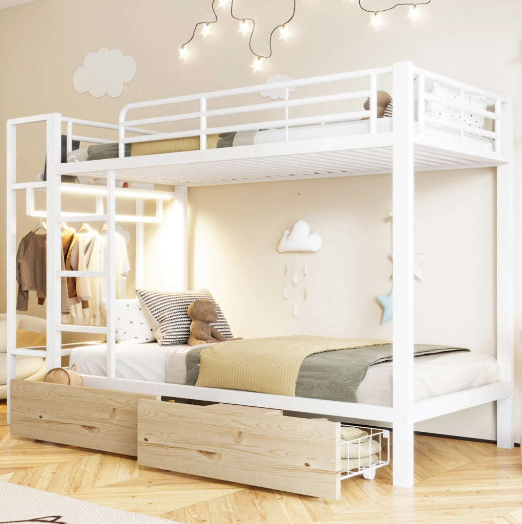 Letto a castello in ferro 90x200 cm con 2 cassetti, ripiani, luci LED e appendiabiti, bianco