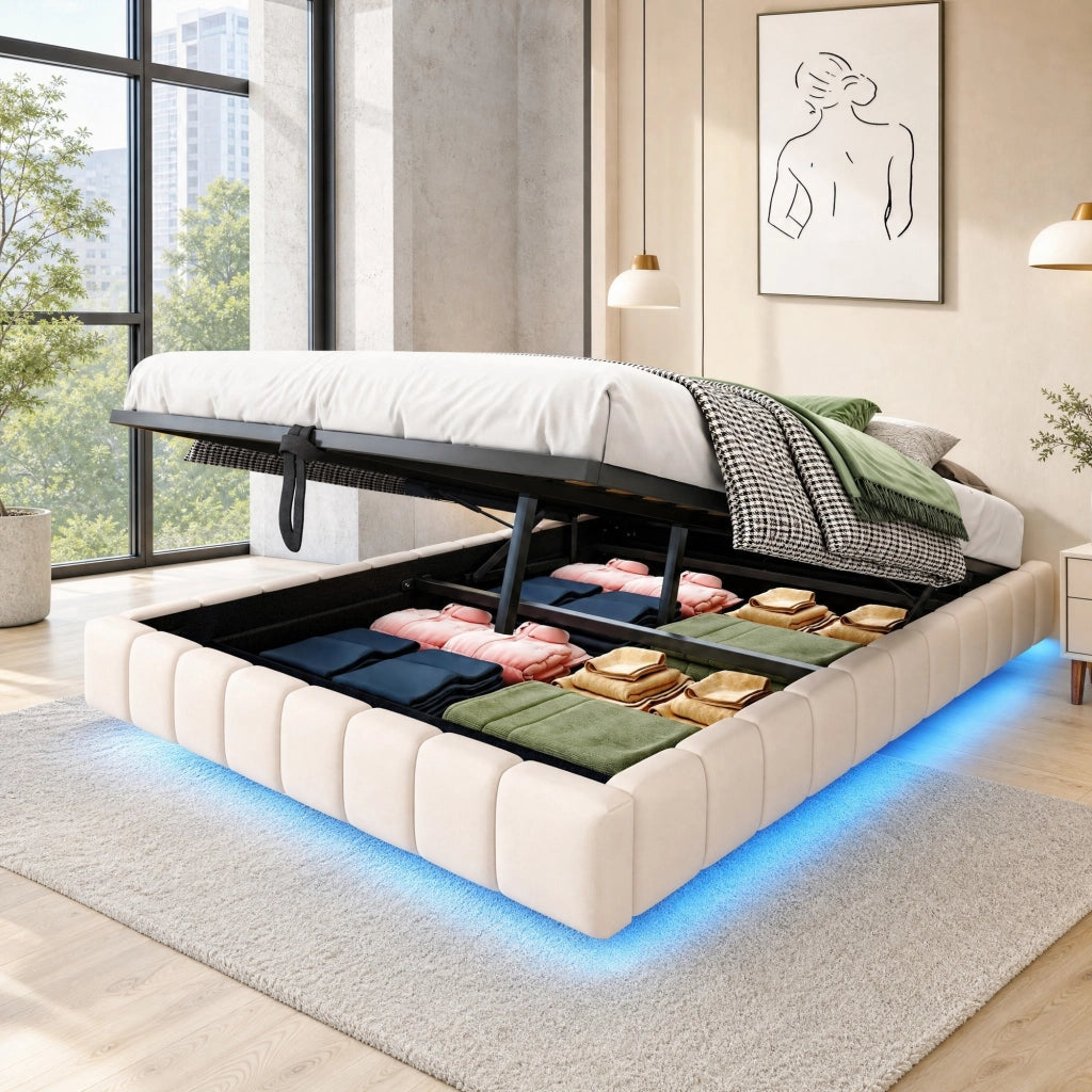 Letto imbottito sospeso con contenitore e LED 140x200 cm