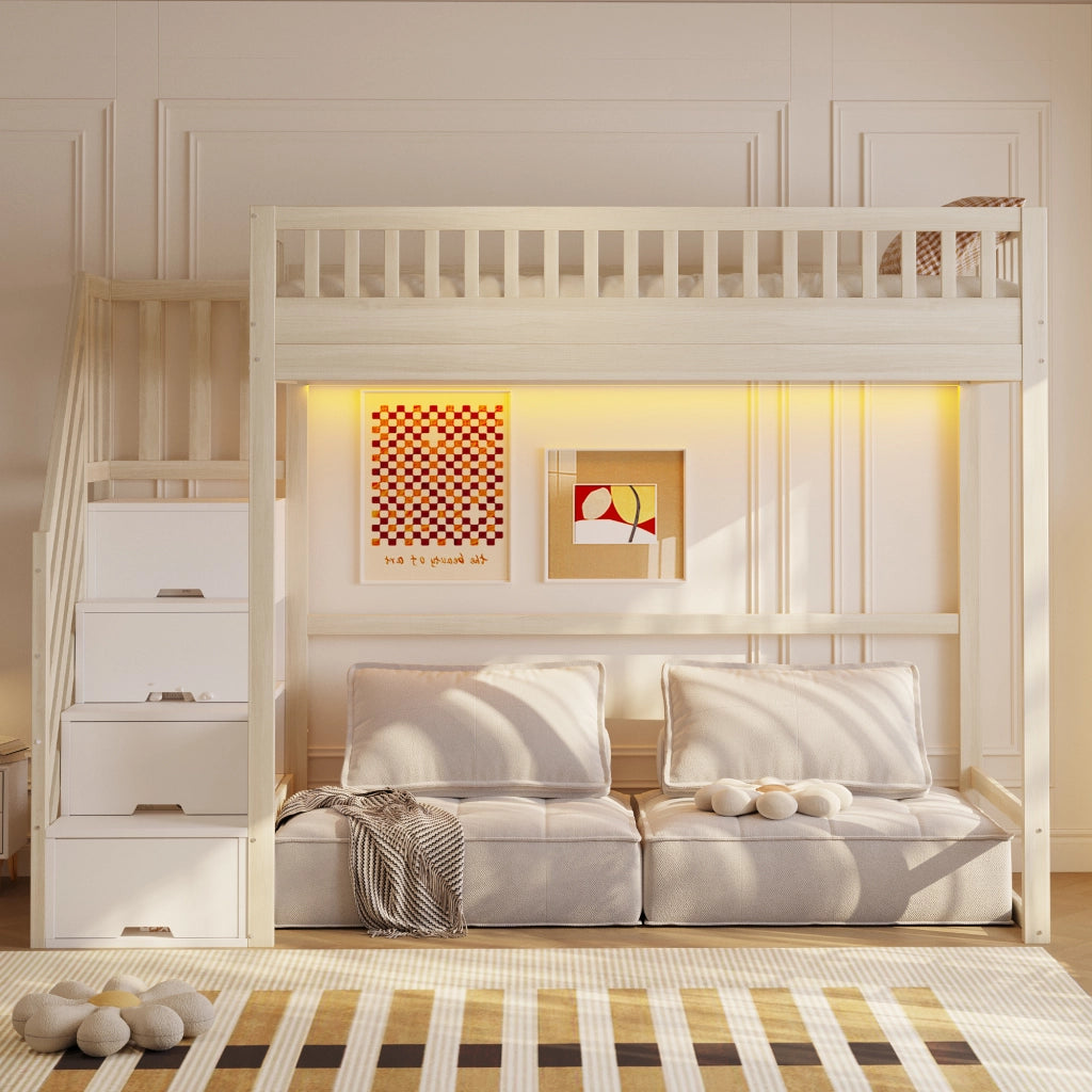 Letto a soppalco con scala reversibile con contenitore LED in legno