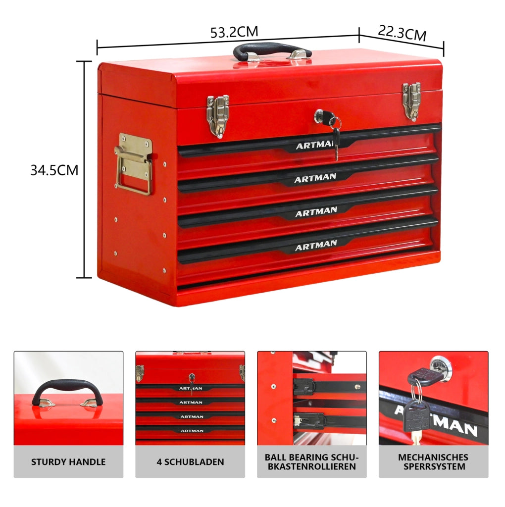 Cassetta Porta Attrezzi in Acciaio 53x22x35 cm con Cassetti e Serratura Metallica, Nero e Rosso