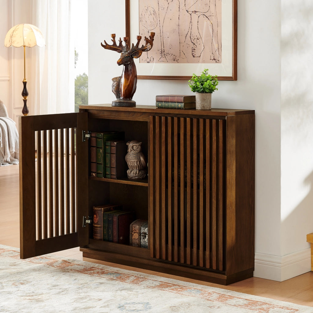 Credenza e madia con ante scanalate e passacavi per soggiorno e sala da pranzo in MDF color noce 99 × 23,5 × 82,6 cm