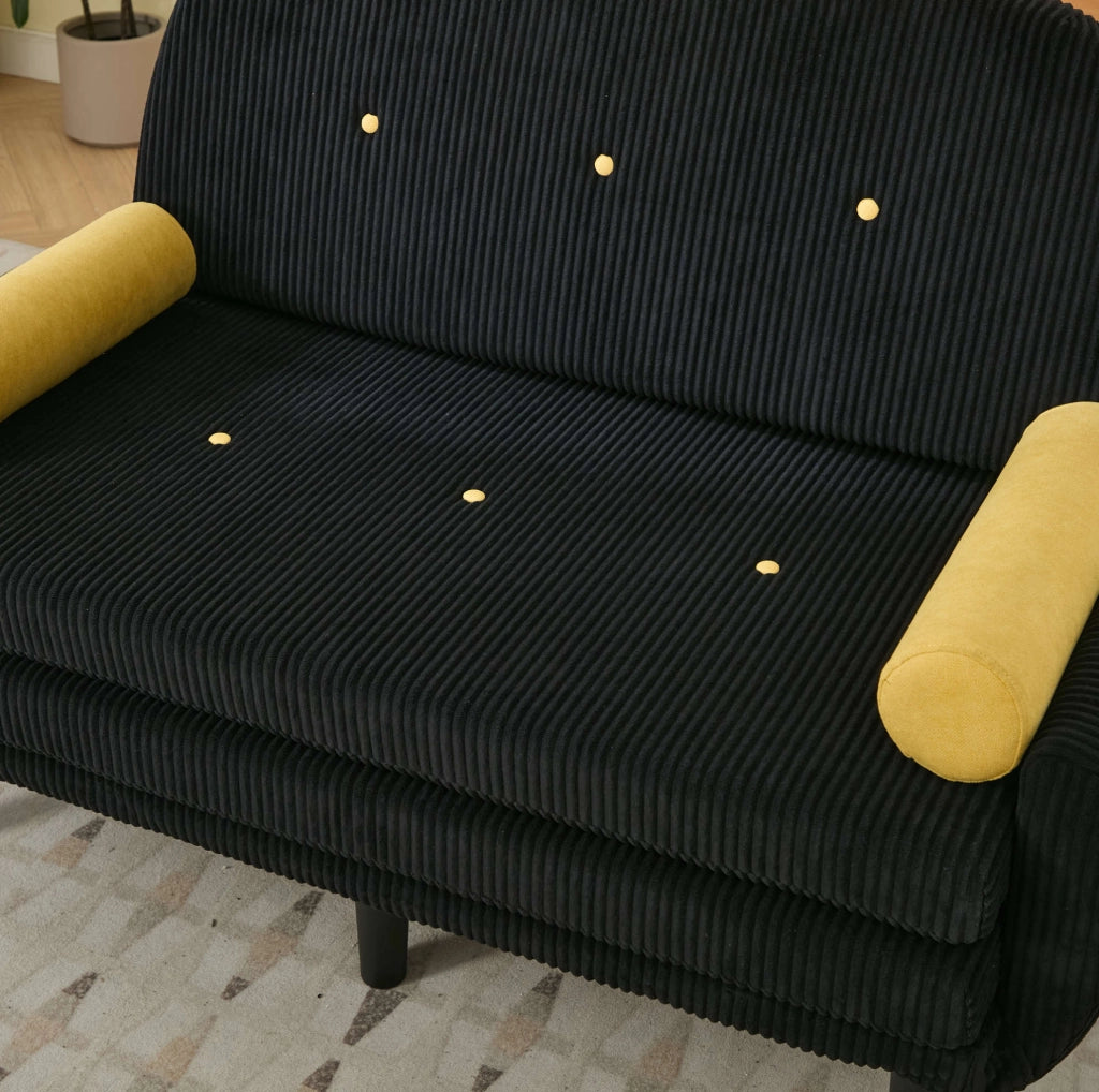 Divano Loveseat nero in velluto con struttura in metallo, schienale regolabile e cuscini cilindrici