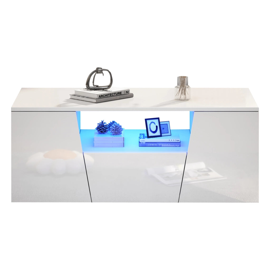 Tavolino da salotto LED con 2 ante, 1 cassetto e vano aperto, design irregolare moderno, bianco, 100 × 50 × 40 cm