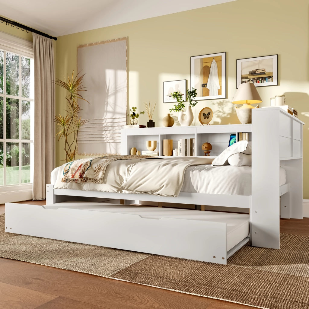 Letto estraibile matrimoniale 140×200 cm con prese e 2 USB; 2 cassetti; senza materasso; bianco