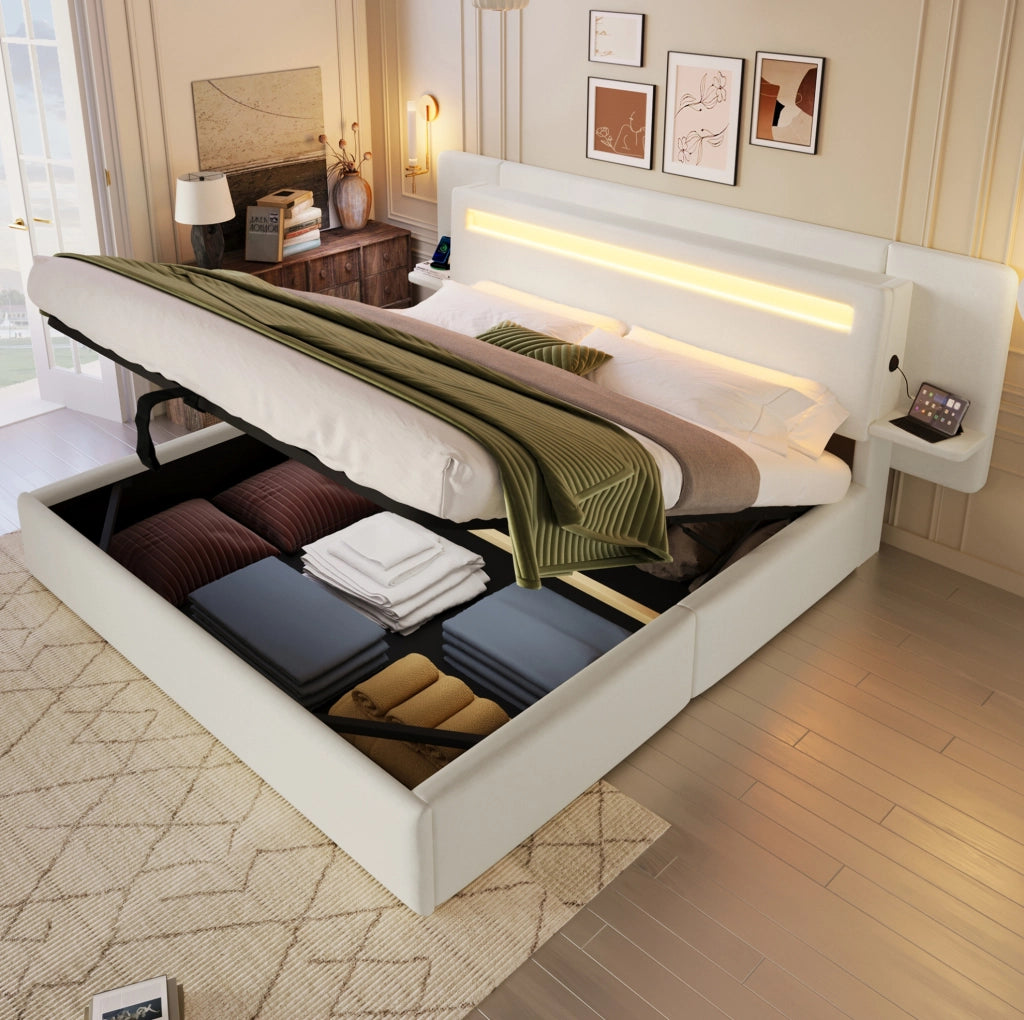 Letto Matrimoniale Imbottito con Contenitore Idraulico Comodino LED e USB 180 x 200 cm Beige - senza Materasso