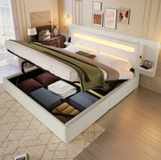 Letto Matrimoniale Imbottito con Contenitore Idraulico Comodino LED e USB 180 x 200 cm Beige - senza Materasso