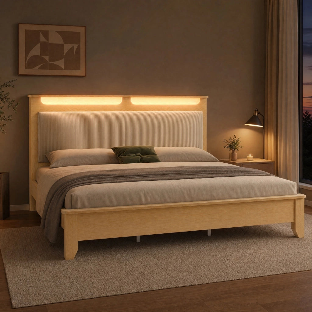 Letto matrimoniale con testiera LED illuminata e contenitore in legno e velluto a coste beige con rete a doghe