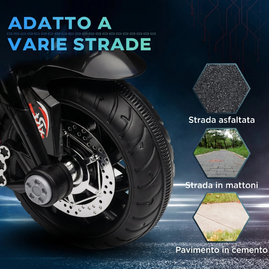 Moto Elettrica per Bambini 3-5 Anni 86x42x52 cm con 3 Ruote Luci e Suoni Batteria 6V Nero