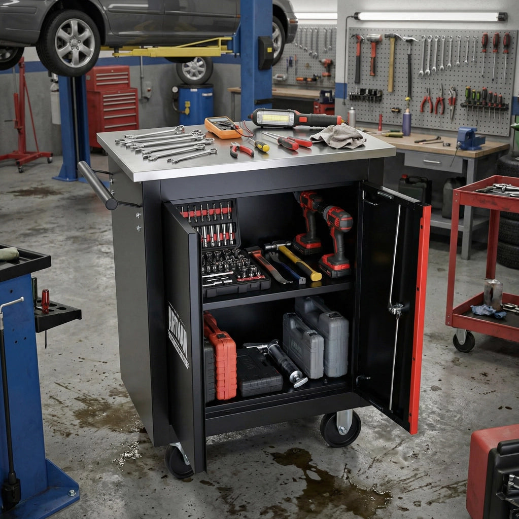 Carrello porta attrezzi multifunzione a due ante in acciaio nero e rosso con ruote e serratura
