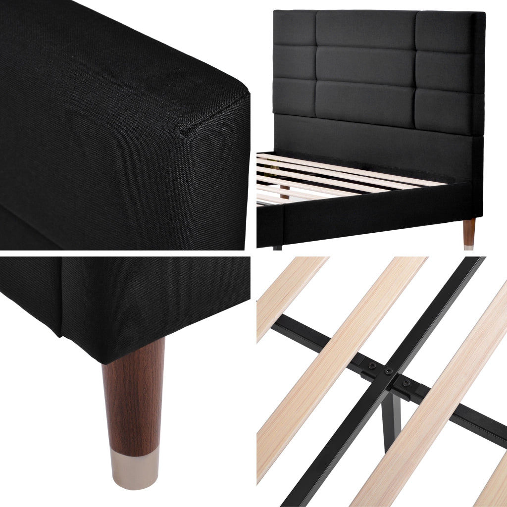 Letto imbottito matrimoniale 140x200 cm con rete a doghe, struttura imbottita con testiera, in lino nero, per adulti e ragazzi (senza materasso)