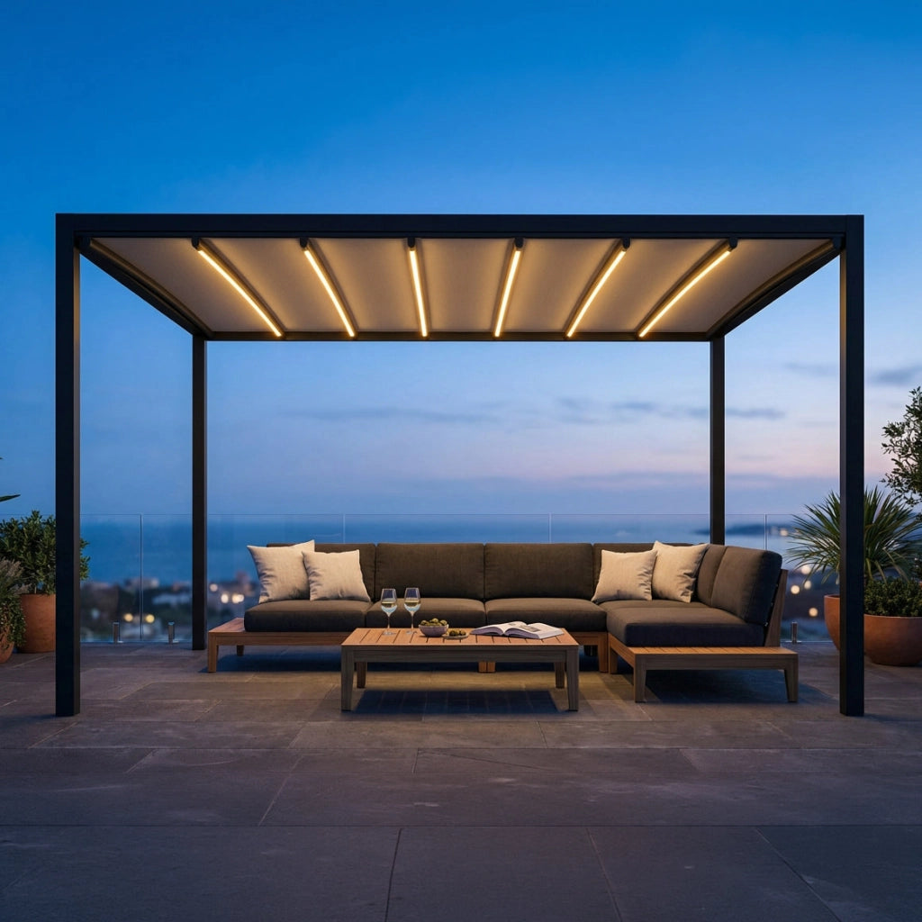 Pergola Bioclimatica in alluminio con tetto retrattile e LED - HERA
