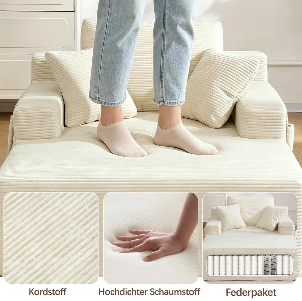 Divano in velluto a coste con tasche laterali; molle integrate e cuscini; beige