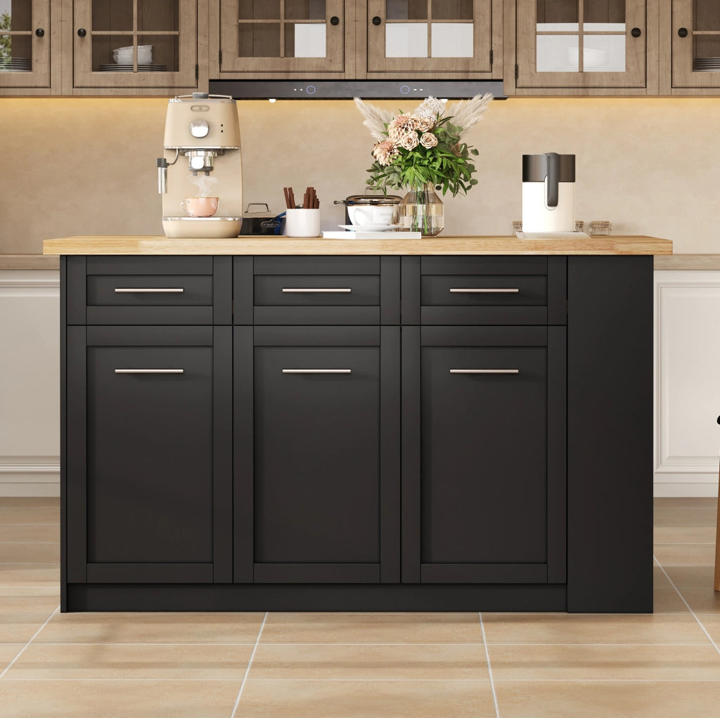 Isola da cucina 150x90x90 cm con tavolo estraibile 80x96 cm; MDF naturale e nero