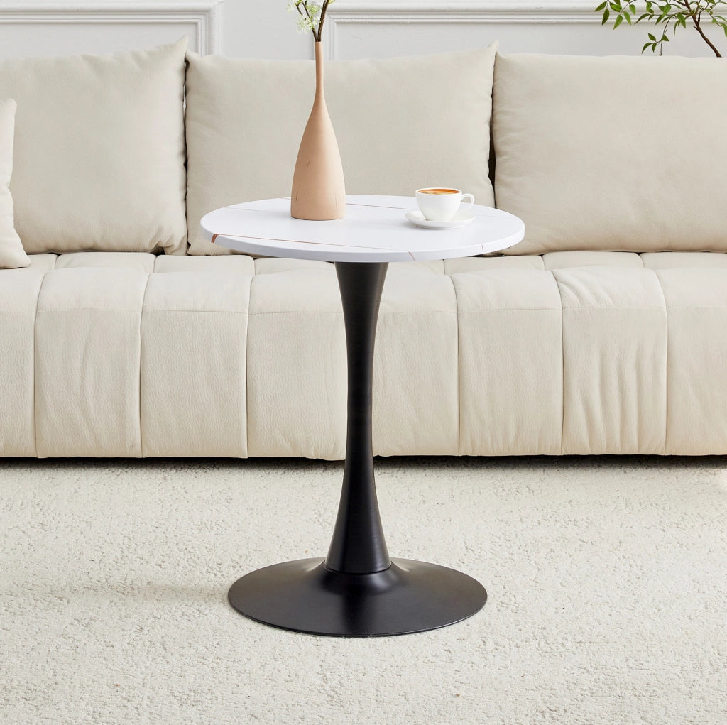 Tavolo rotondo stile Mid-Century con base centrale in MDF e metallo bianco e nero