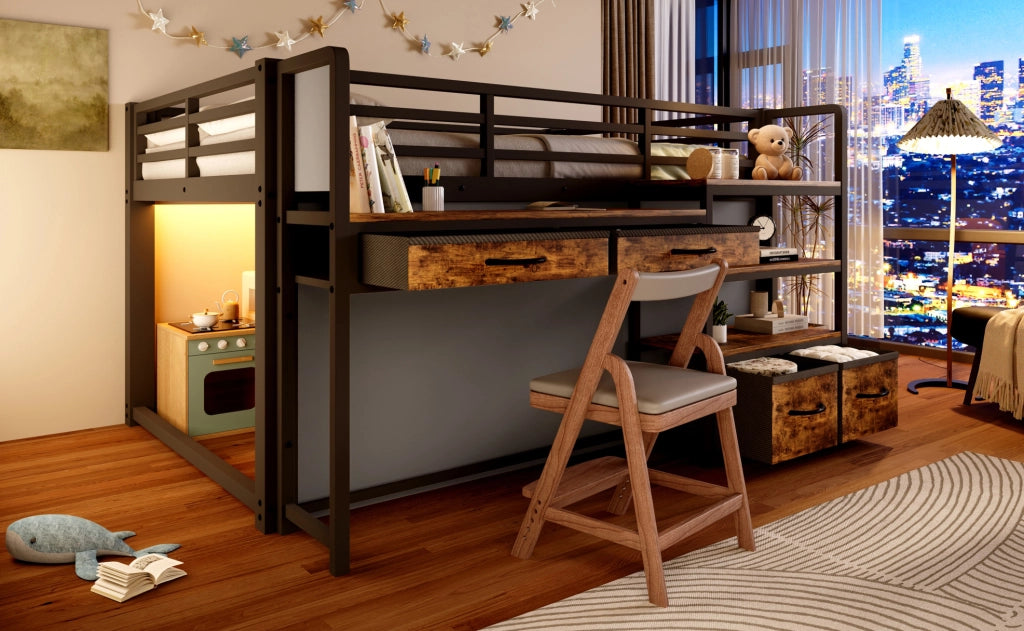 Letto a soppalco ULEVR 140x200 cm con scrivania, ripiani, cassetti in tessuto e LED multicolore, nero