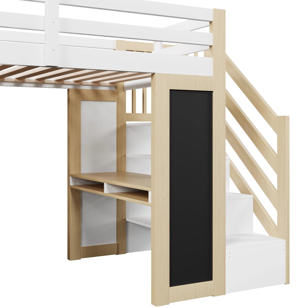 Letto a soppalco 90 × 200 cm con scrivania armadio scaffali scala contenitore lavagna LED bianco naturale