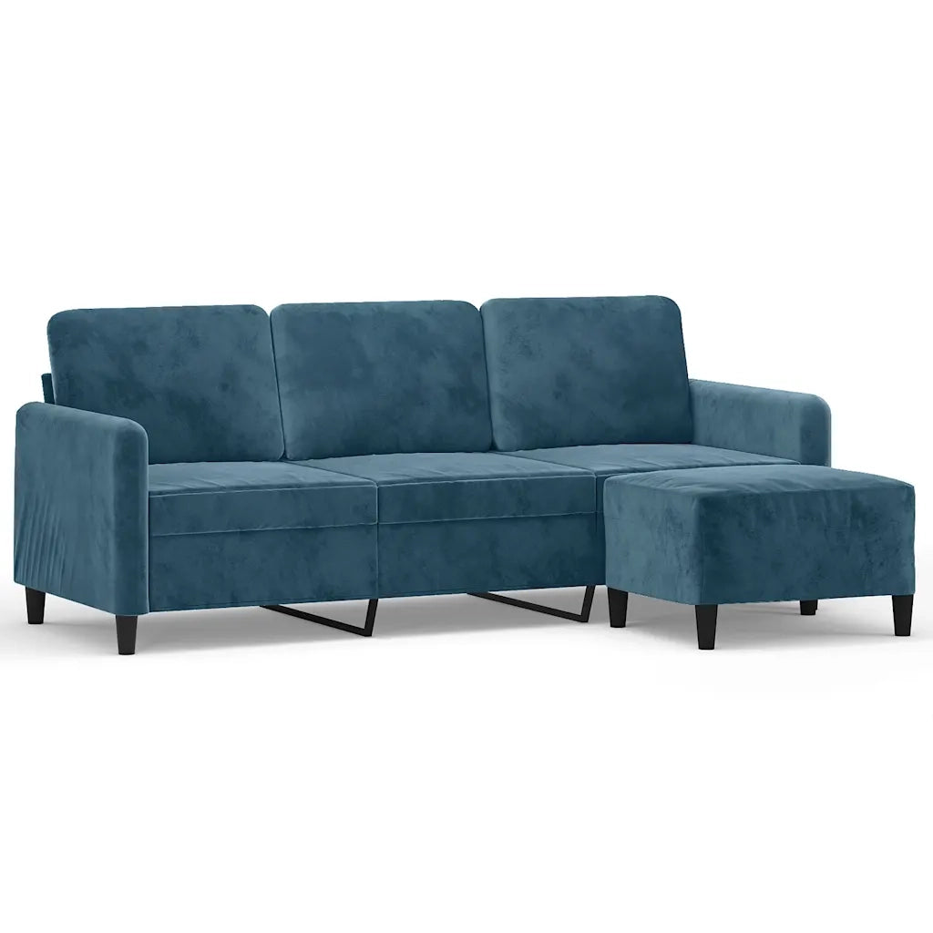 Divano a 3 Posti con Poggiapiedi Blu 180 cm in Velluto