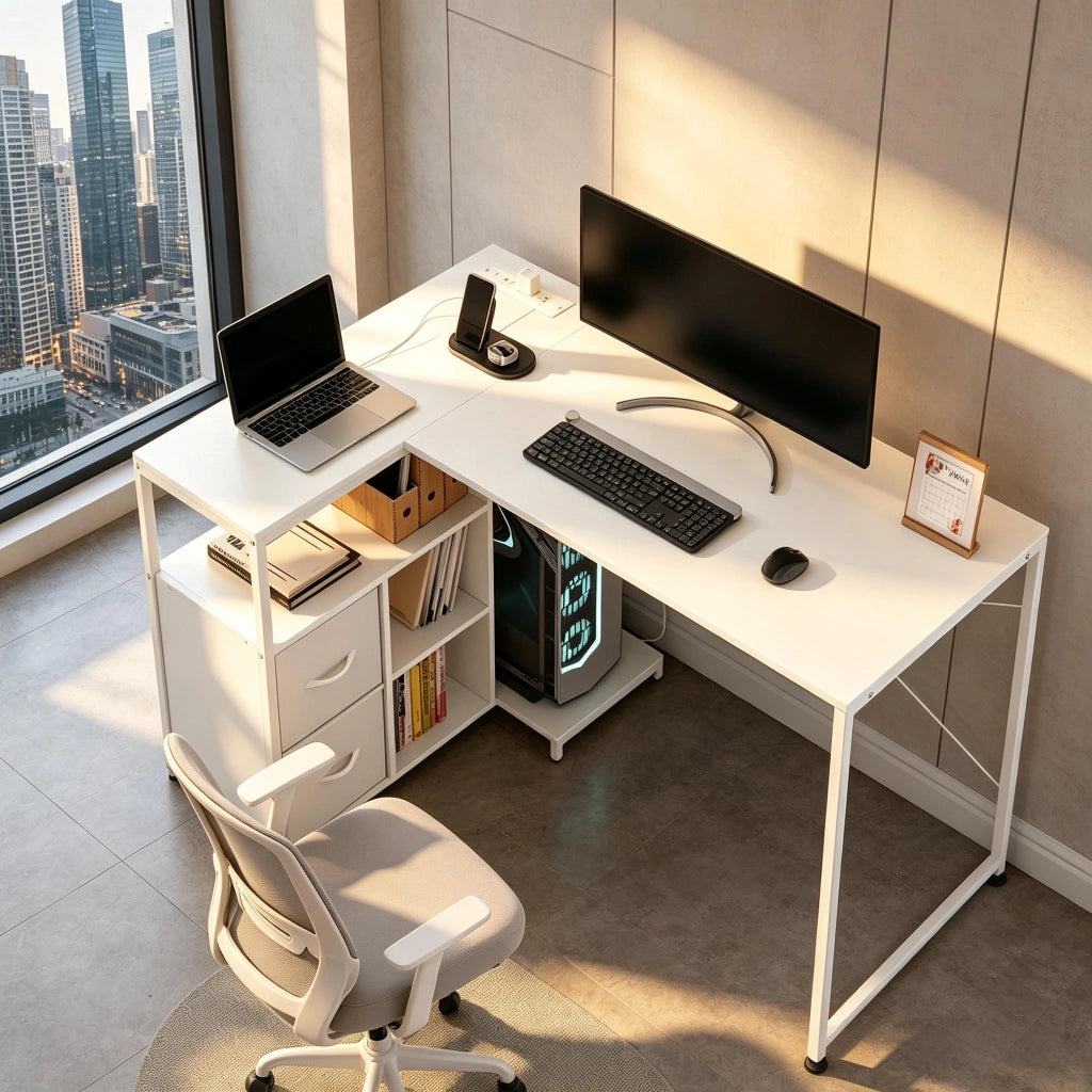 Scrivania angolare reversibile con 2 prese USB-A e USB-C; 3 ripiani e 2 cassetti bianca 80 × 120 × 75 cm
