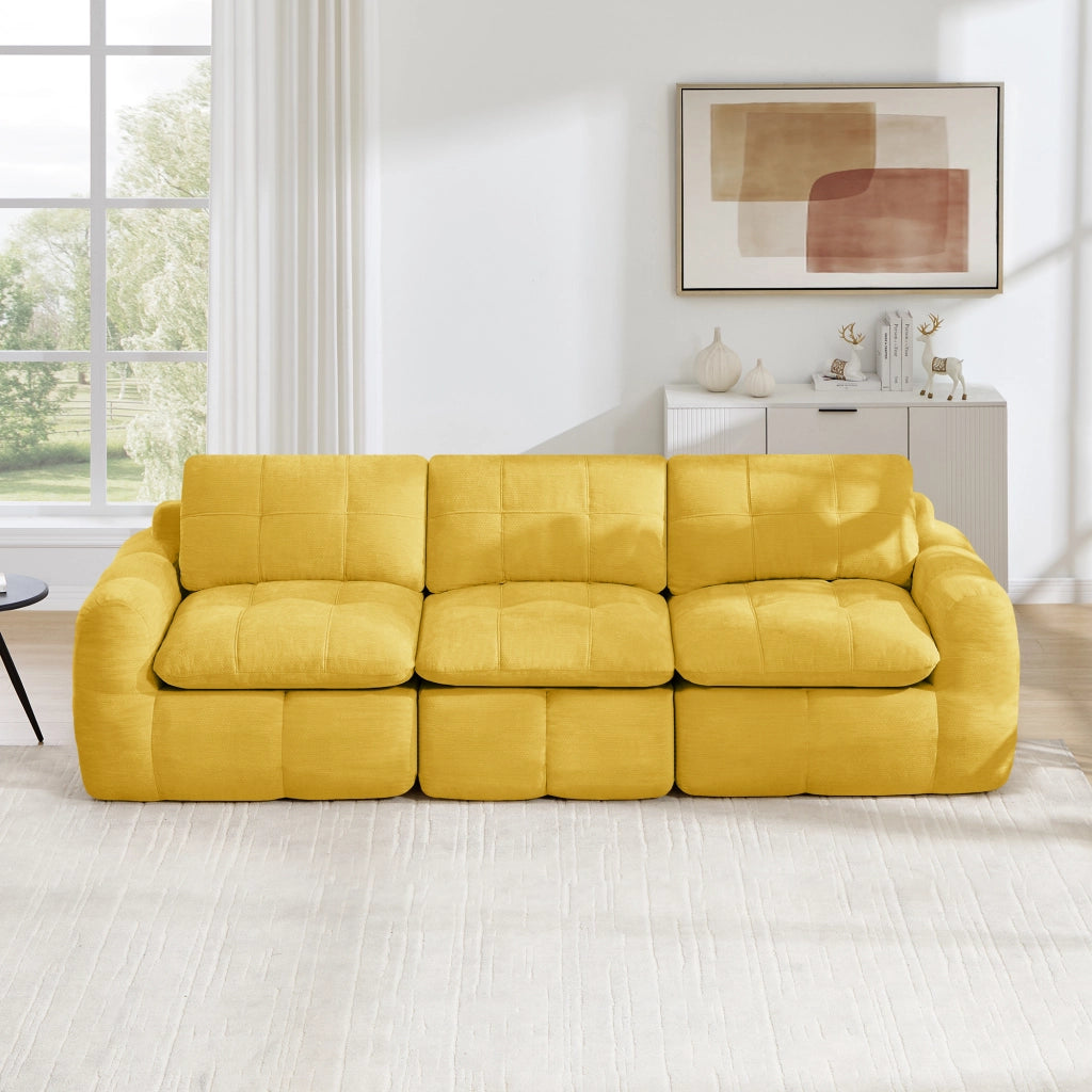 Divano modulare 3 posti - con schienale ergonomico e cuscini morbidi - in chenille gialla