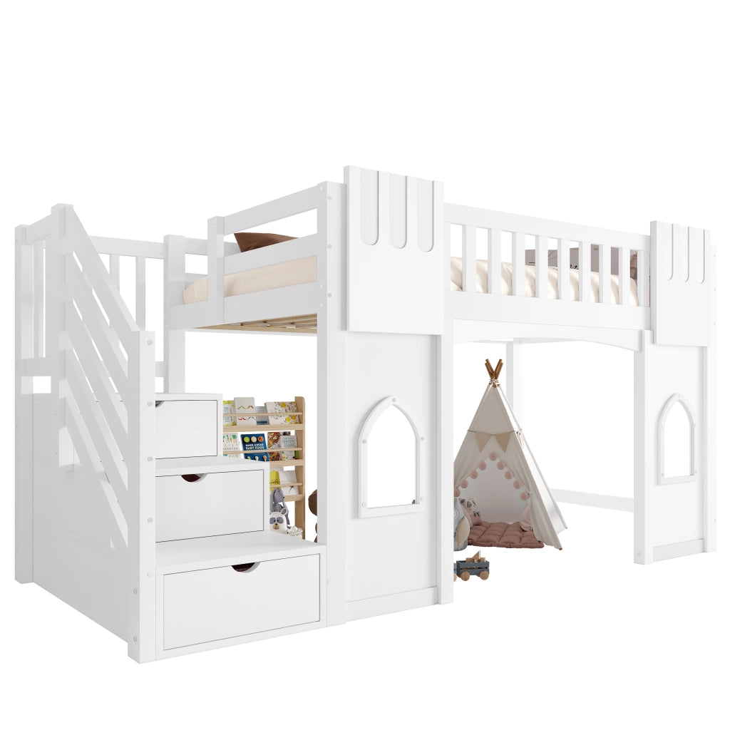 Letto a soppalco 90 x 200 cm con scala contenitore e 2 finestre, letto per bambini in legno bianco con sponde di sicurezza, area gioco e rete a doghe