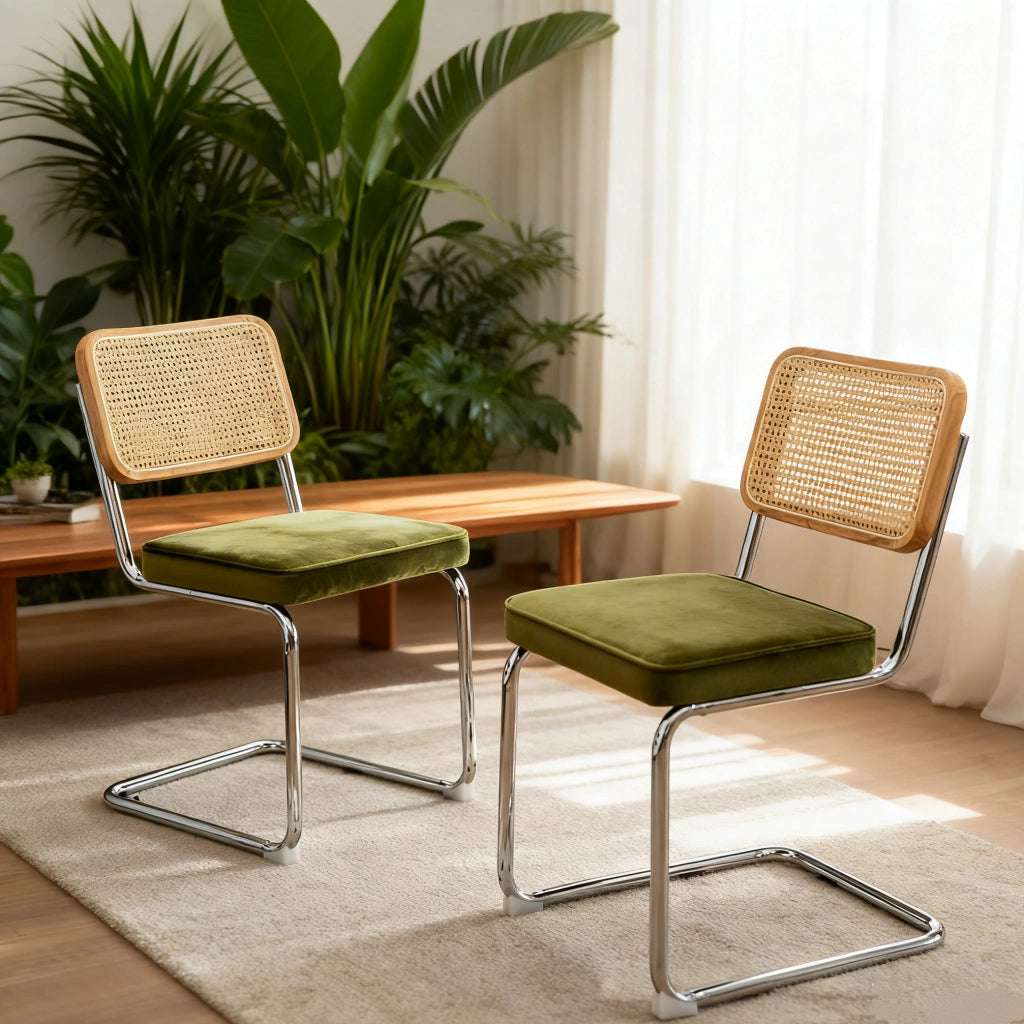 Sedie da Pranzo Set 2 Pezzi in Velluto e Rattan ¨C Xylo ¨C Gambe in Metallo, Design Moderno