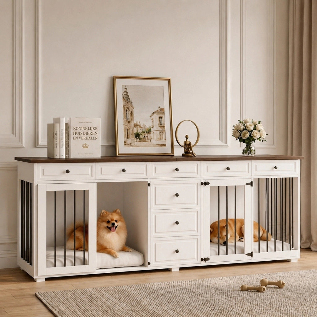 Gabbia per cani - Gabbia con mobiletto - Cuccia di lusso per cani - Cuccia da interno e tavolino - Con serratura di sicurezza - Con vano portaoggetti - Con cassetti - Robusta e durevole - Supporto per TV - 200x60x85 cm - Bianca