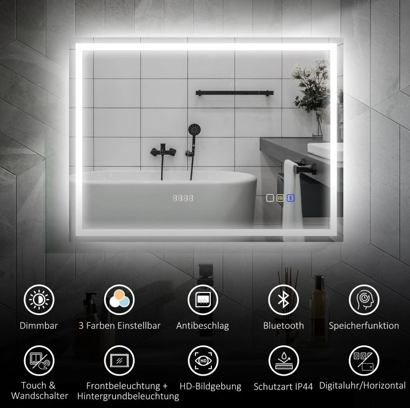 Specchio da bagno LED 80x60 cm con Bluetooth, orologio, 3 modalità di luce e funzione antiappannamento, argento