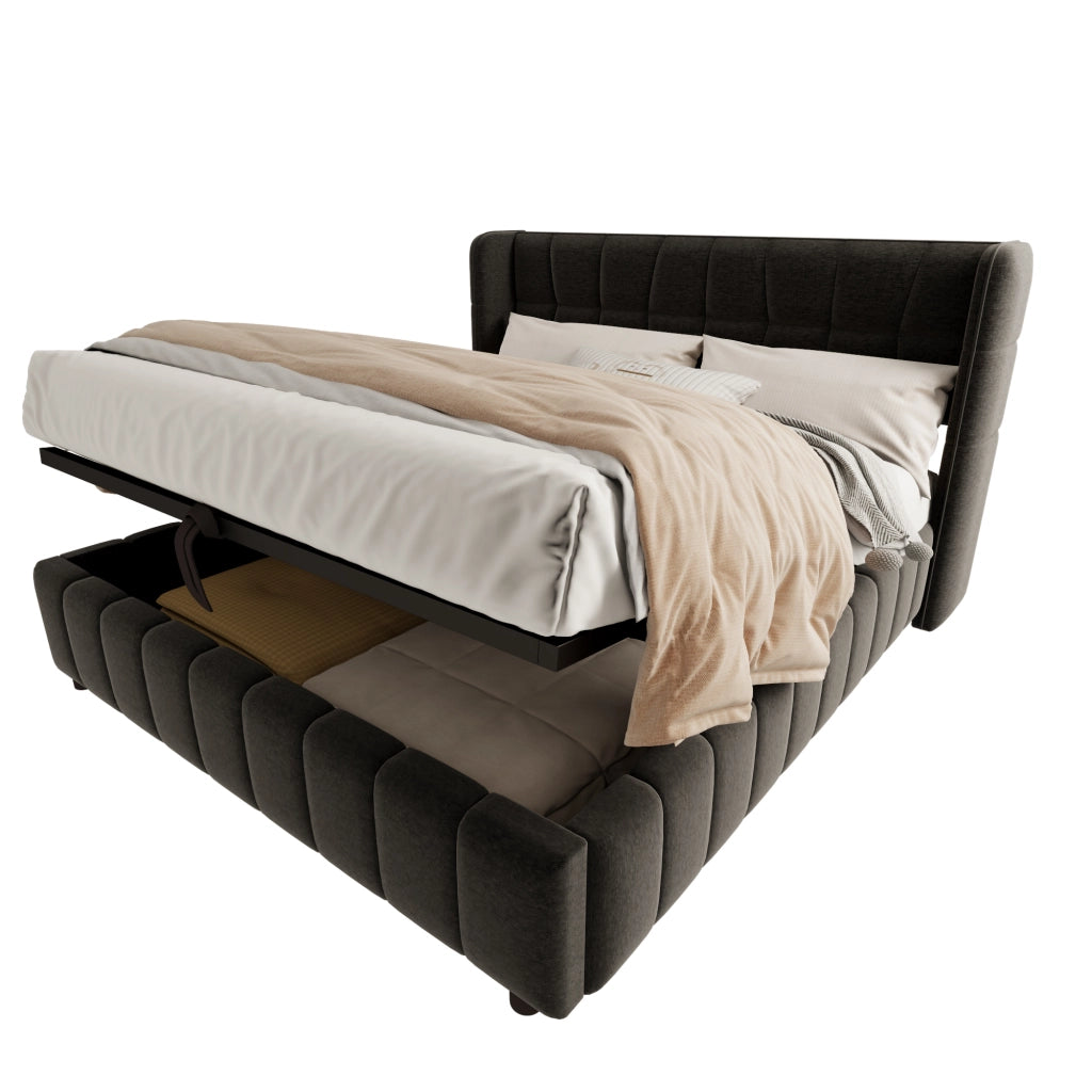 Letto matrimoniale 180 × 200 cm 2 posti con contenitore sollevabile, senza materasso, in tessuto grigio