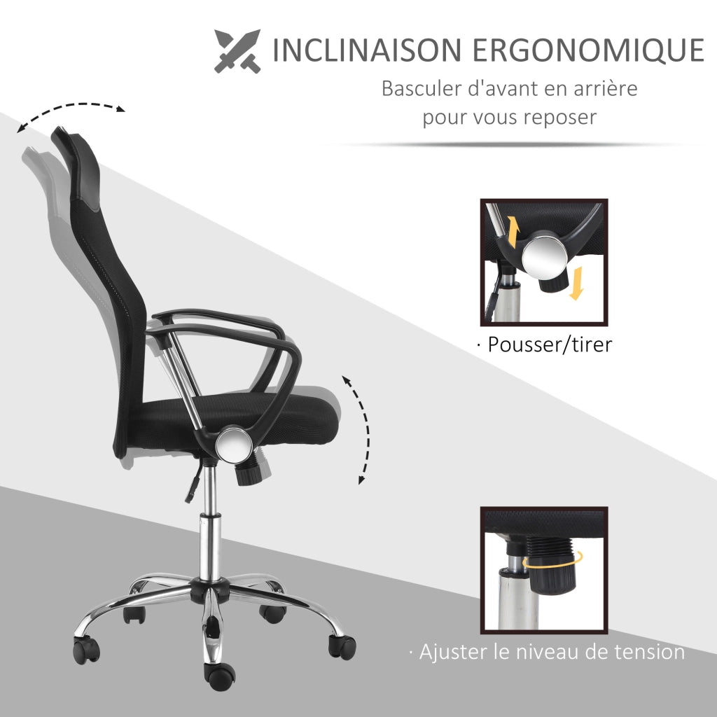 Per casa e ufficio, sedia da ufficio manageriale con schienale ergonomico, altezza seduta regolabile, girevole, tessuto a rete nero, comfort elevato