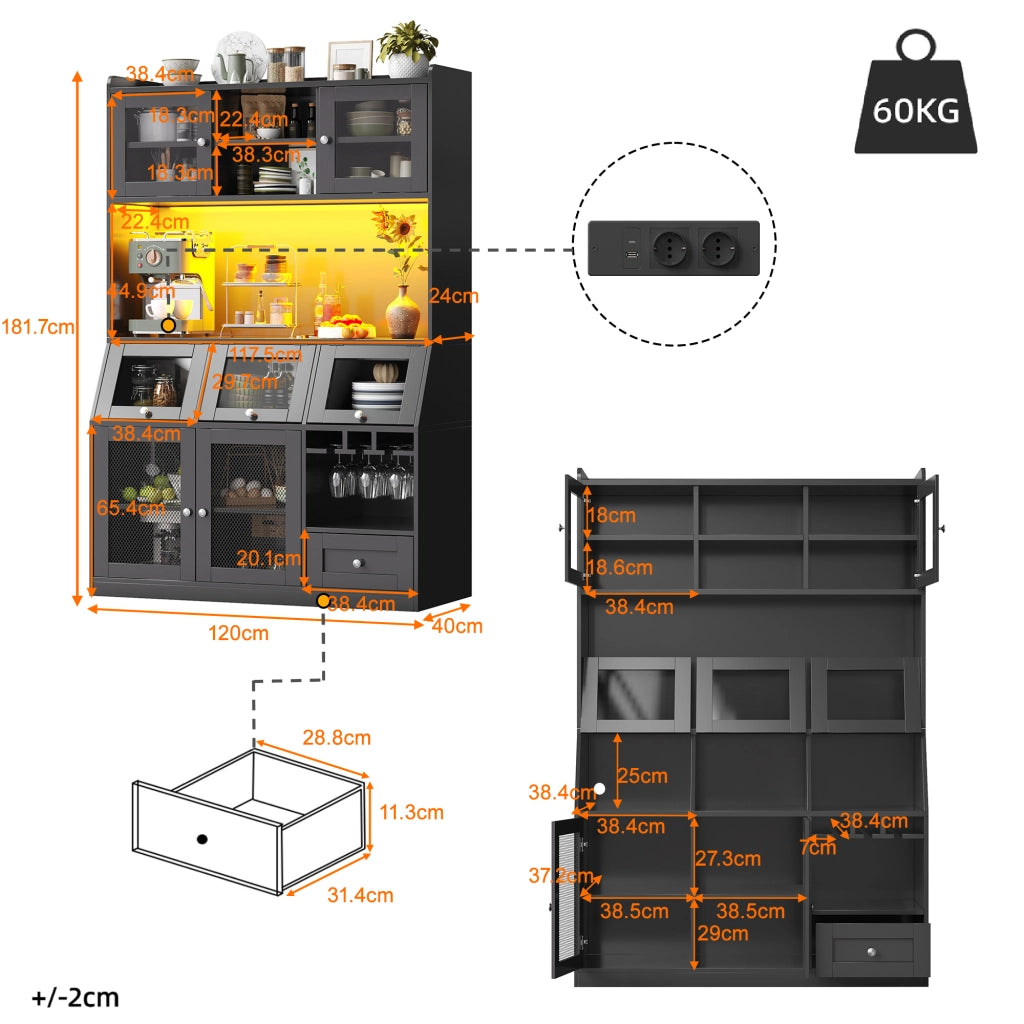 MOBILE DA CUCINA 120x40x181,7 cm Nero in MDF con USB e LED