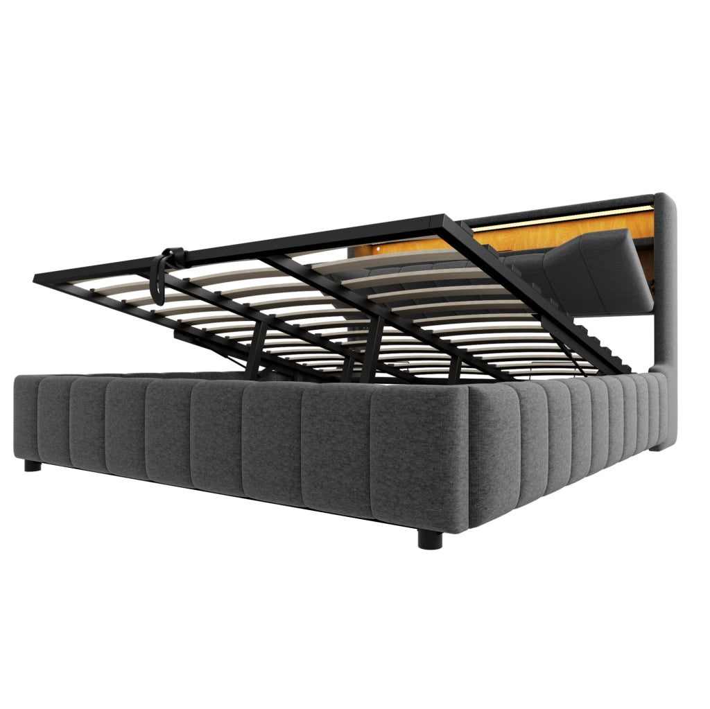 Letto matrimoniale ULEVR 180x200 cm con contenitore idraulico, LED, USB e USB-C, tessuto grigio