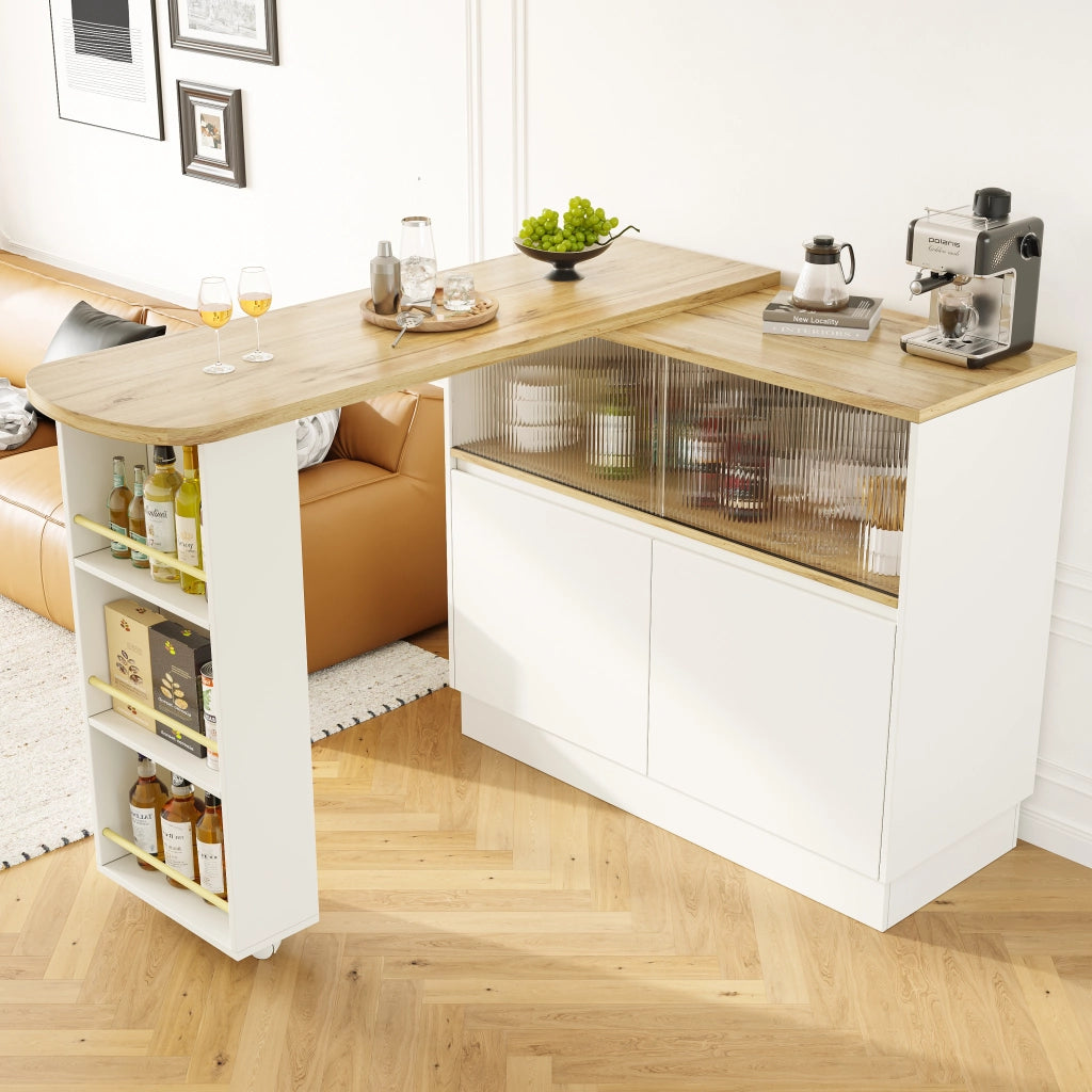 OKWISH Credenza da Cucina Girevole con Ripiani Aperti, Cassetto e Porta Scorrevole in Vetro, per Cucina, MDF, 90 x 45 x 100 cm