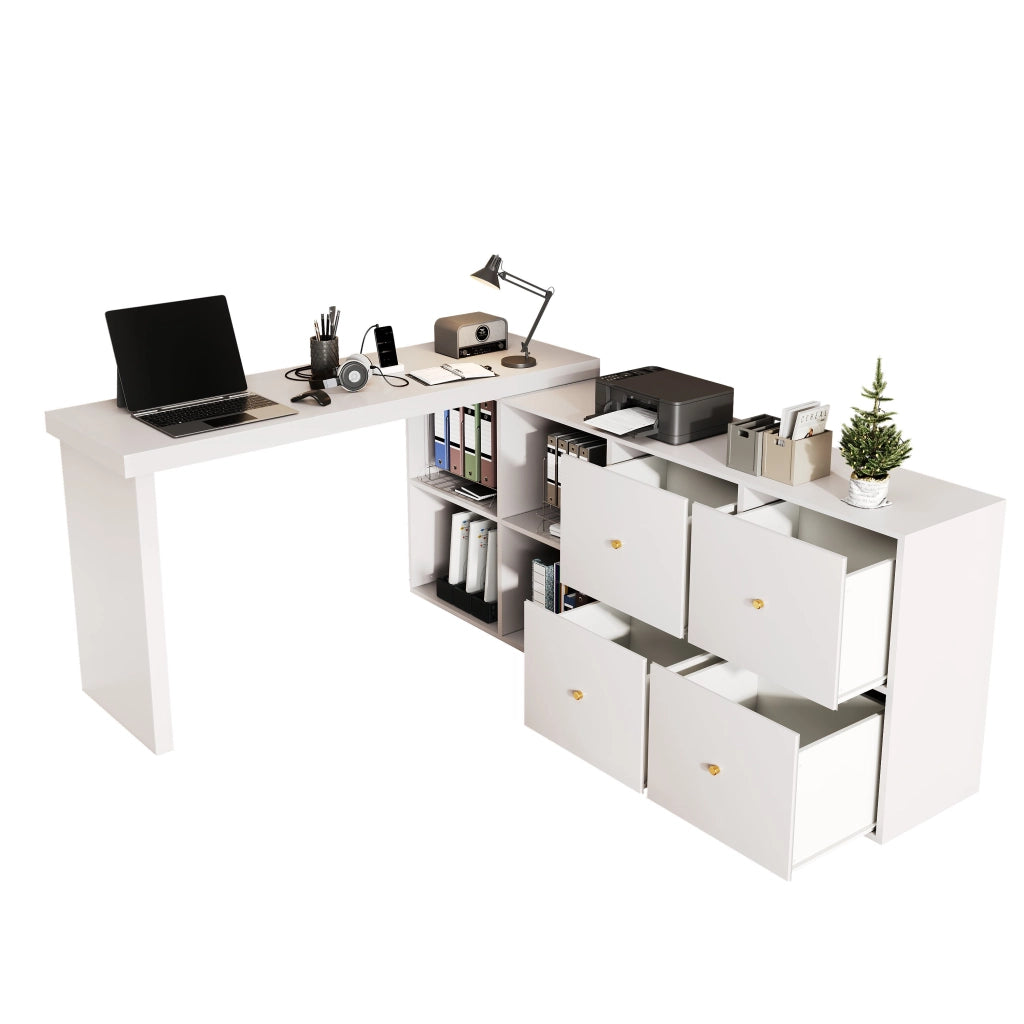 Scrivania angolare girevole sicura con 4 cassetti e 4 vani, piano a 360° per studio e home office, MDF bianco