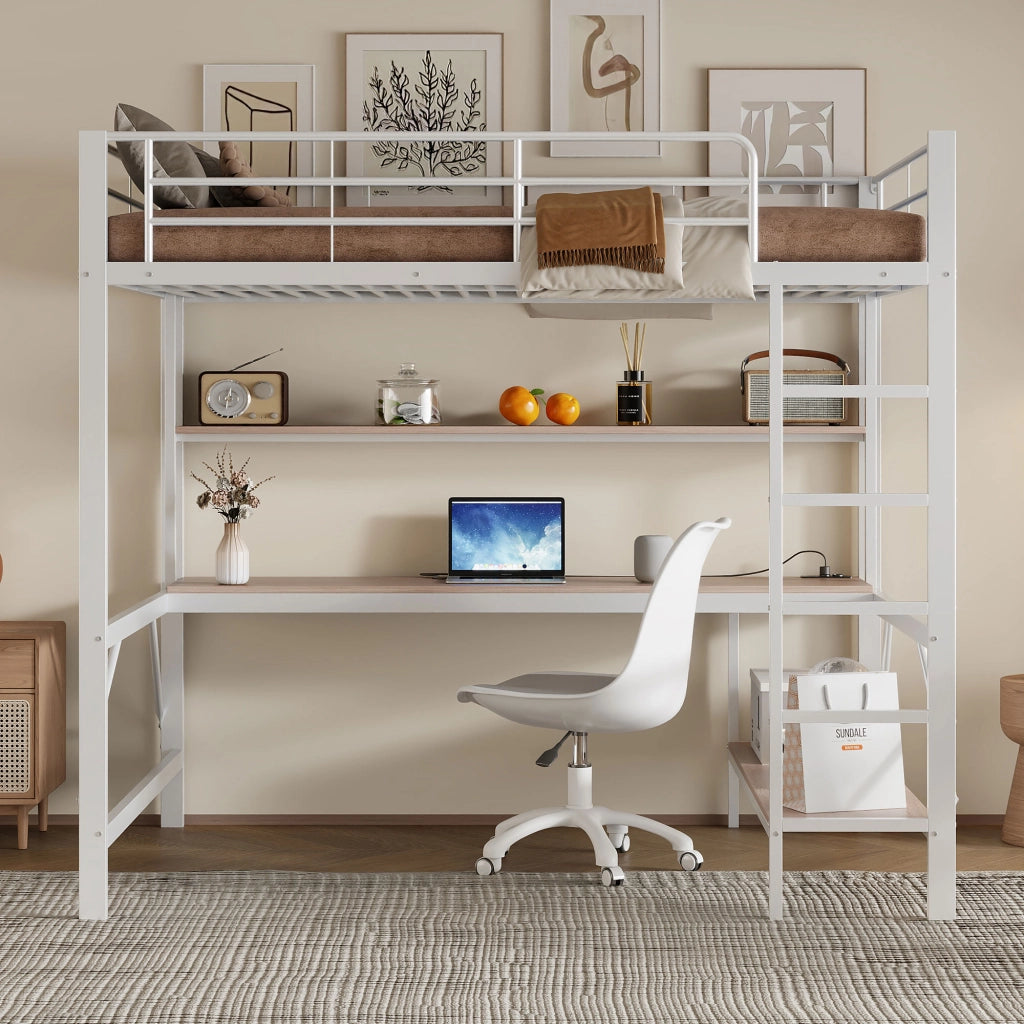 Letto a Soppalco 140x200 cm in metallo con Scrivania; LED; USB-C; Ripiani Bianco