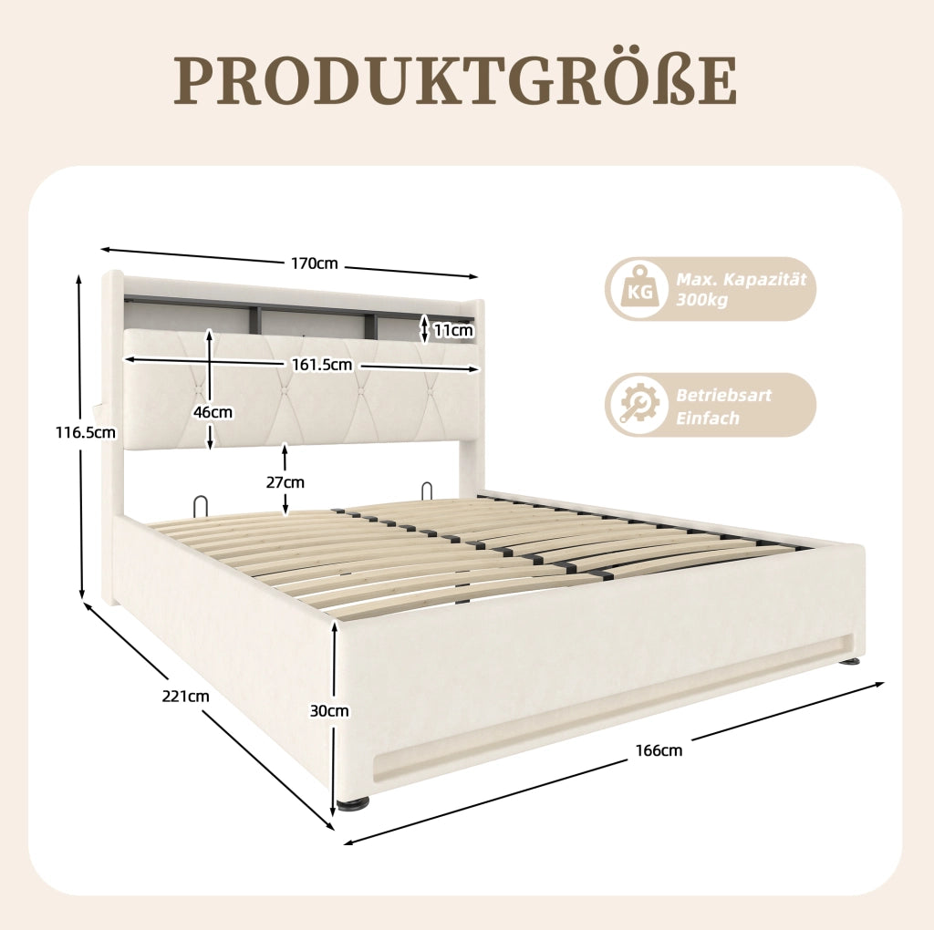 Letto matrimoniale 160x200 in velluto beige con contenitore, luci LED e ricarica USB tipo C