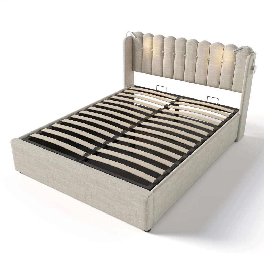 Letto matrimoniale con contenitore; luce da lettura e USB; 140x200 cm; rivestito in lino beige