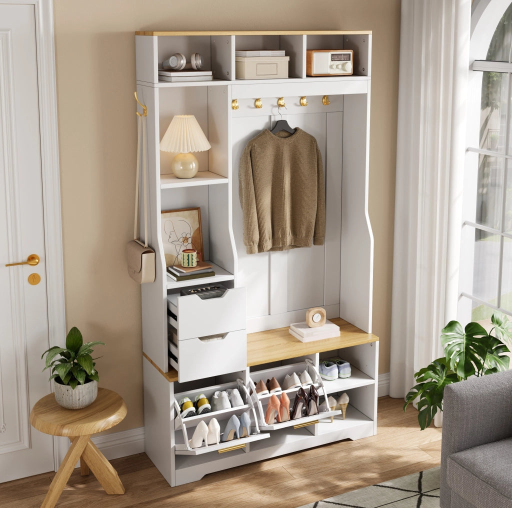 Mobile ingresso 100x32x186 cm in MDF bianco con seduta e vano scarpe