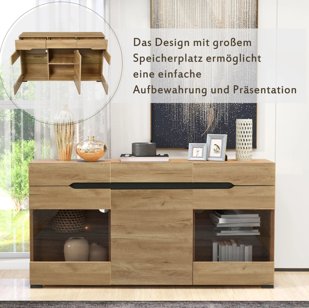 Credenza LED rovere con 3 armadi e 3 cassetti