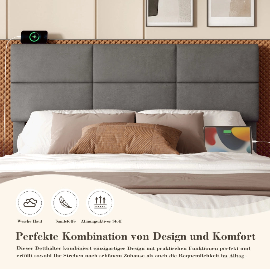LETTO Contenitore 180x200 cm Velluto Grigio Scuro con LED e USB
