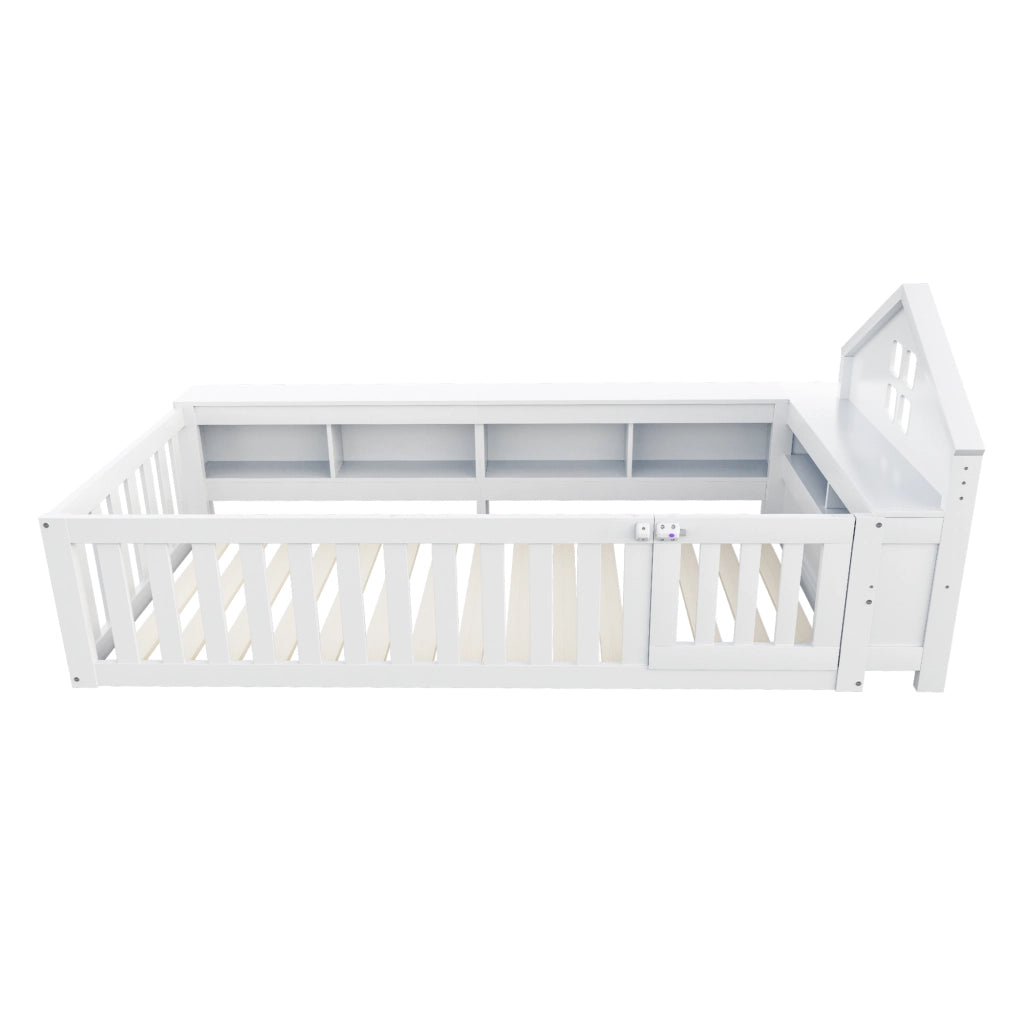 Letto a casetta 90 × 200 cm con vani portaoggetti; finestre; barriera con porta e rete a doghe in legno bianco