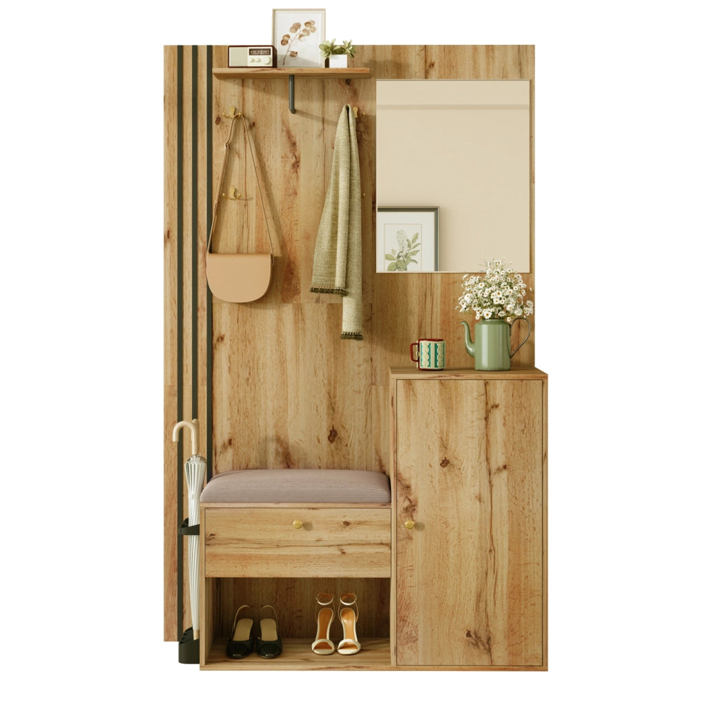 Mobile da ingresso 115x37x185 cm con specchio; seduta e ripiani in MDF naturale e nero