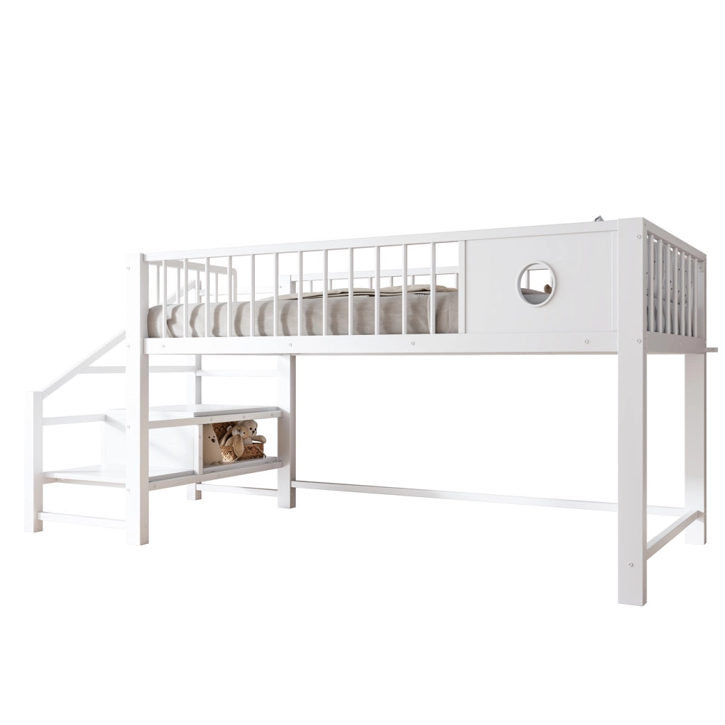 Letto a Soppalco Basso per Bambini Singolo 90x200 cm Struttura in Metallo Bianco con Scala Contenitore