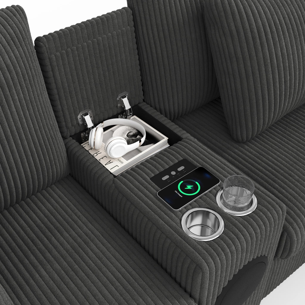 Divano modulare 4-6 posti 315,5x144 cm in velluto a coste grigio con Bluetooth e console