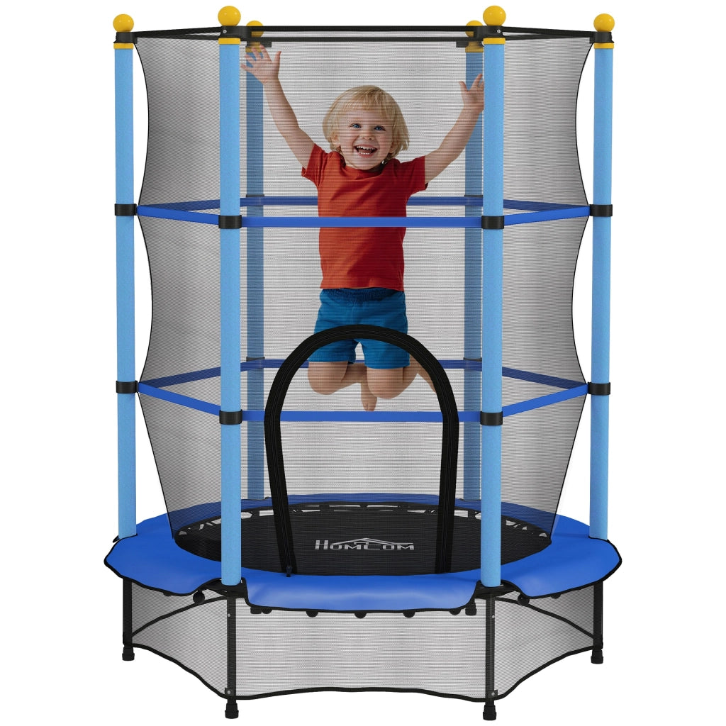 Tappeto Elastico per Bambini con Rete di Sicurezza e Pali Imbottiti Et¨¤ 3-10 Anni, ?140 x 190 cm, Blu