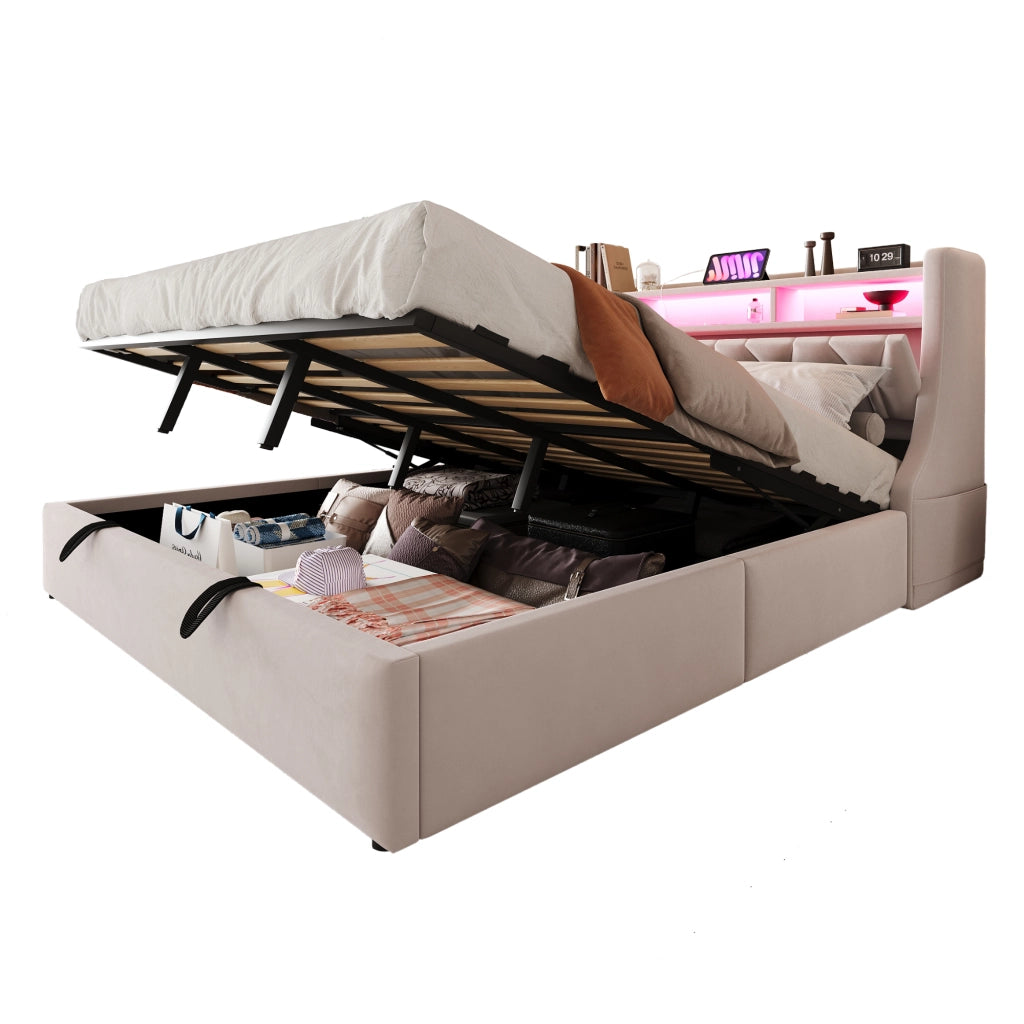 Letto contenitore matrimoniale 180 × 200 cm con LED; USB; Tipo-C e mensole; senza materasso; in velluto beige