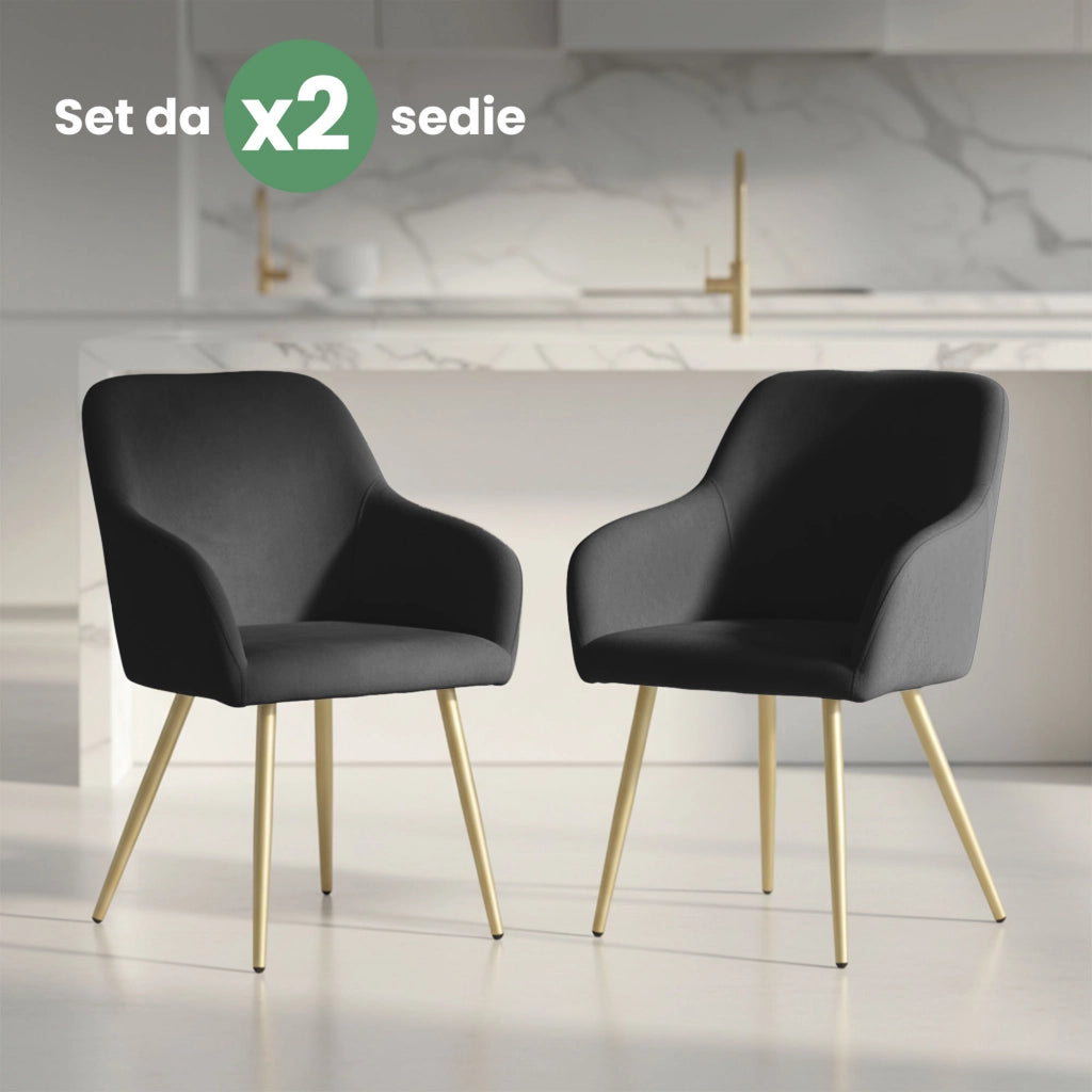 Set di 2 Sedie in velluto liscio ESTELLE Nero gambe oro