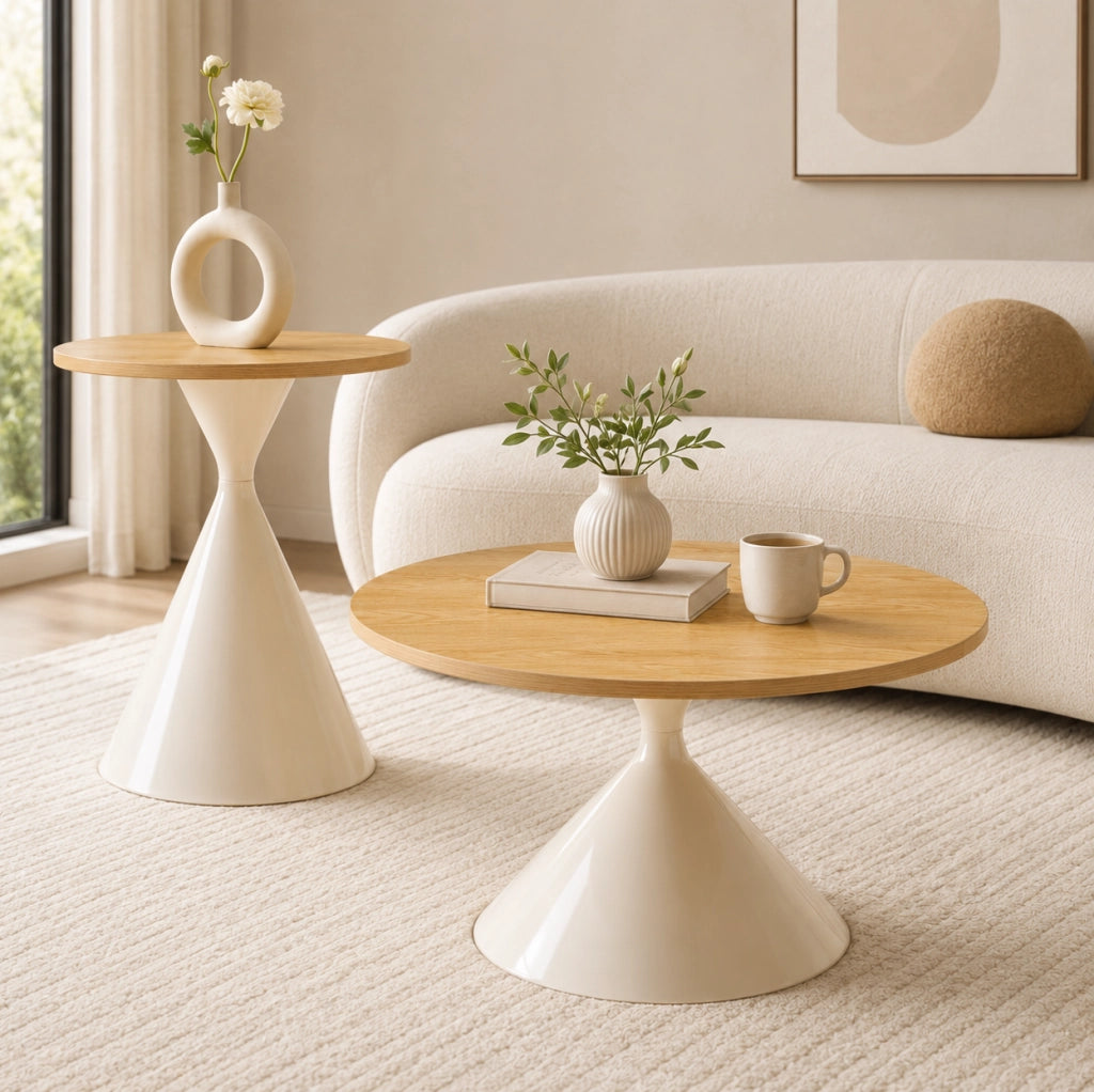 Set di 2 Tavolini rotondi da salotto, Ø70 x H40 cm e Ø50 x H50 cm, piano in effetto legno crema con struttura in acciaio crema
