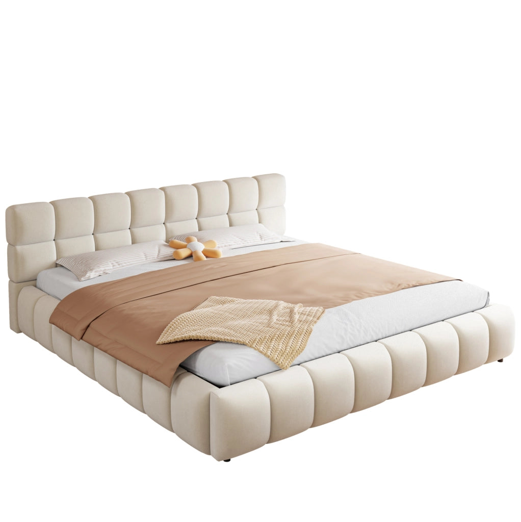 Letto imbottito 180x200 cm in velluto beige con contenitore idraulico e LED