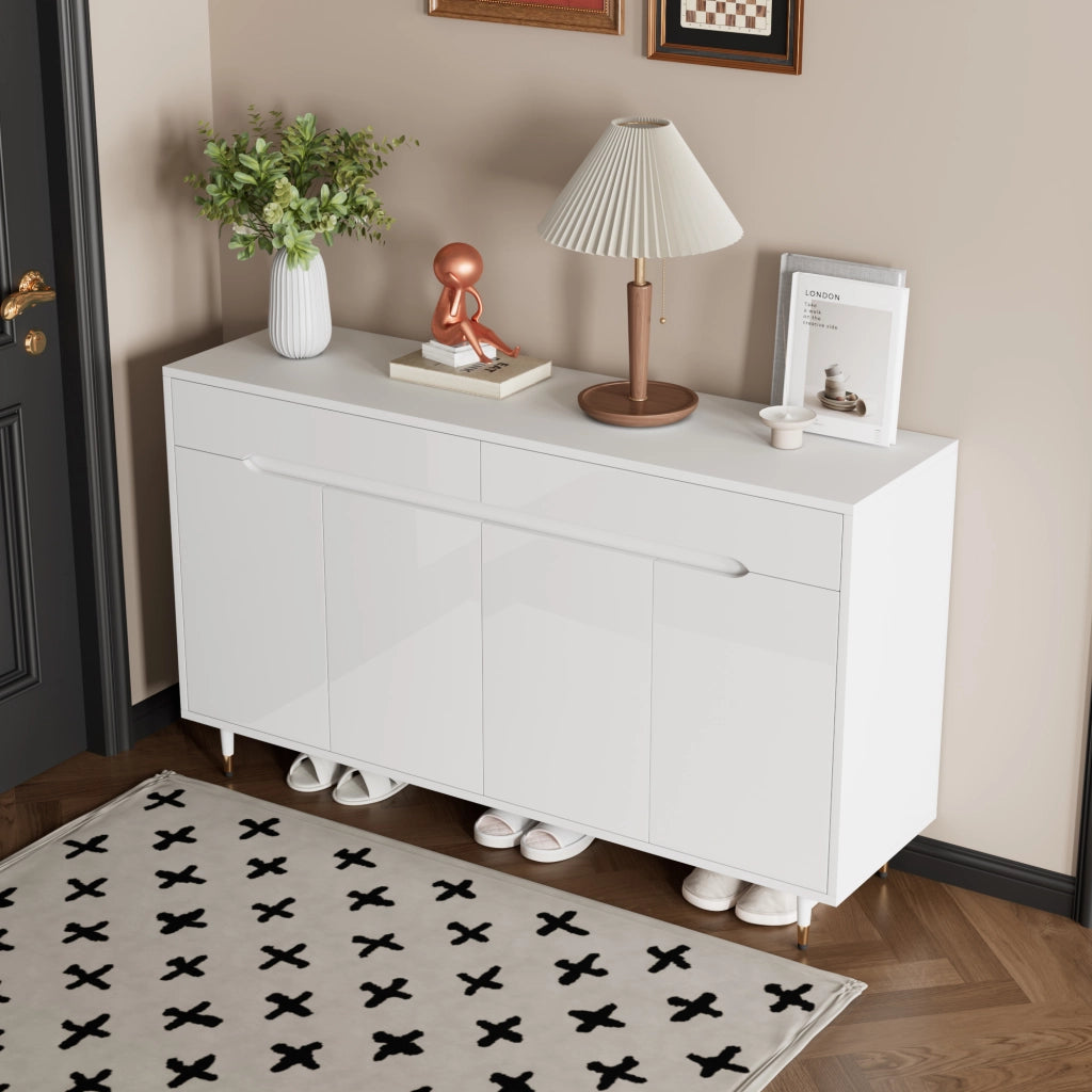 Scarpiera 2 ante e 2 cassetti, ripiani regolabili, chiusura ammortizzata, per ingresso, bianco e oro, 140 × 39 × 84 cm