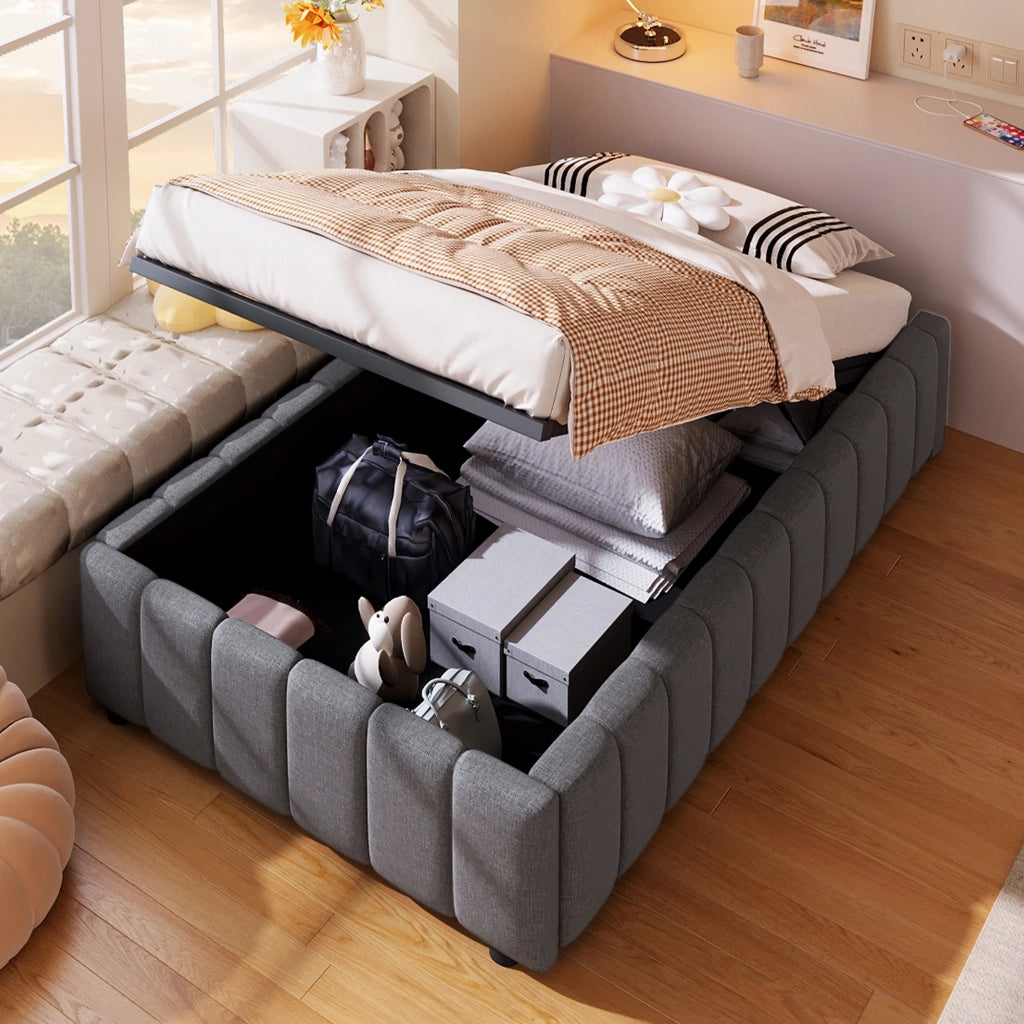 Letto contenitore singolo 90 × 200 cm con sollevamento idraulico; senza materasso; in lino e MDF; grigio